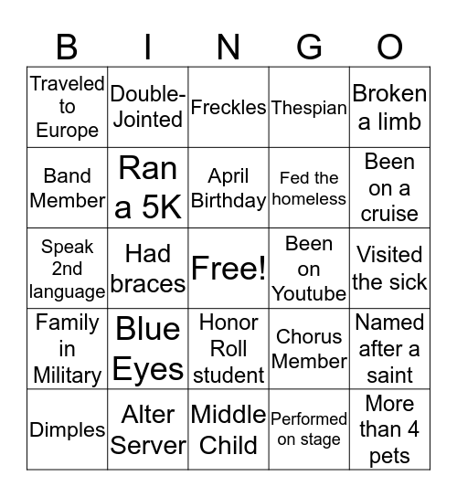 Life Teen Bingo Card