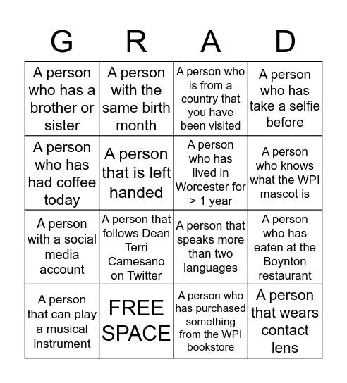 Graduate Student International Scholars Reception Bingo Card