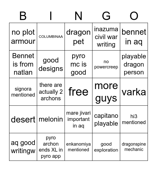 Natlan Bingo Card