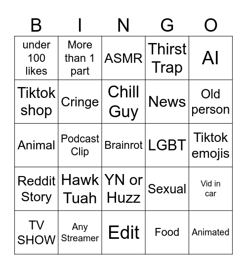 TIKTOK Bingo Card