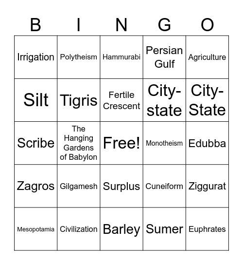 Mesopotamian Bingo Card