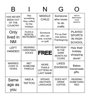 Christmas Party Bingo Card