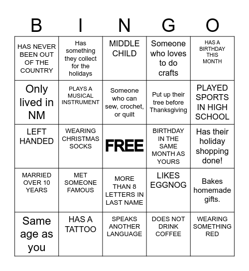 Christmas Party Bingo Card