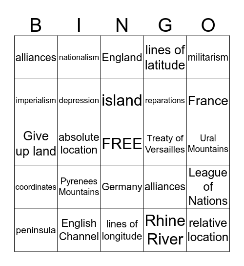 WW1  Bingo Card