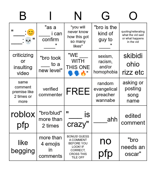 youtube shorts comments Bingo Card
