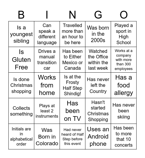 Frosty Half Step Shindig Bingo Card