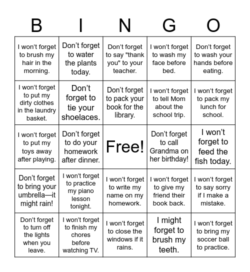 Don't Forget to Bingo Card