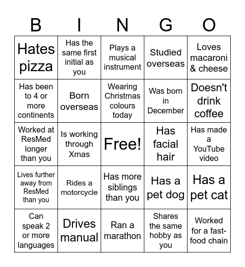 I&G Human Bingo Card