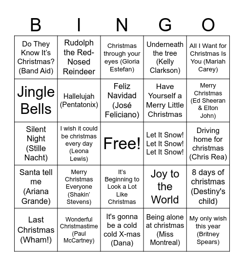Bingo Kerstliedjes editie Bingo Card