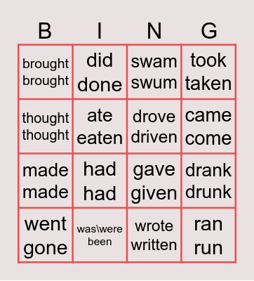 irregular verbs Bingo Card