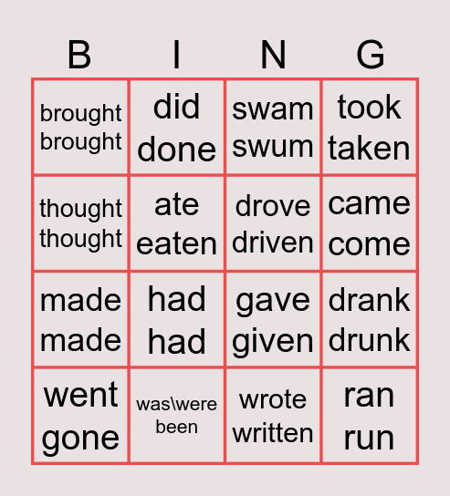 irregular verbs Bingo Card