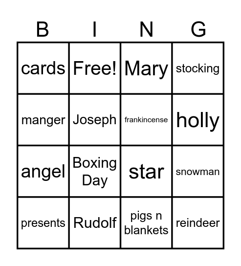 Christmas Vocab TF Bingo Card