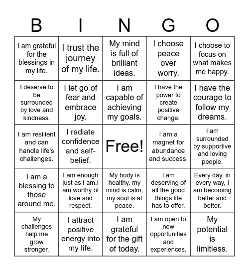 Positive Affirmation Bingo Card