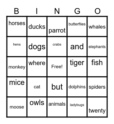 One Moose, Twenty Mice-  Bingo Card Bingo Card