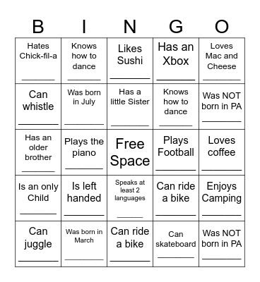 YOUTH HUMAN BINGO Card