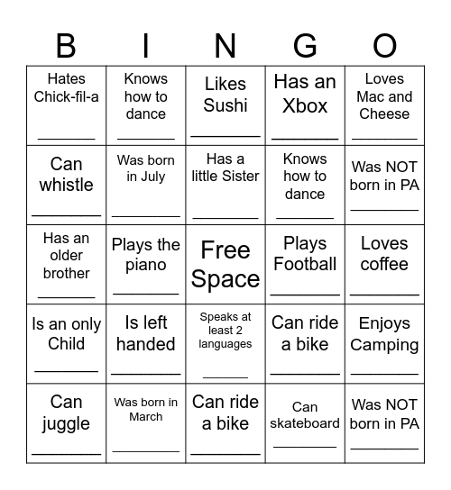YOUTH HUMAN BINGO Card