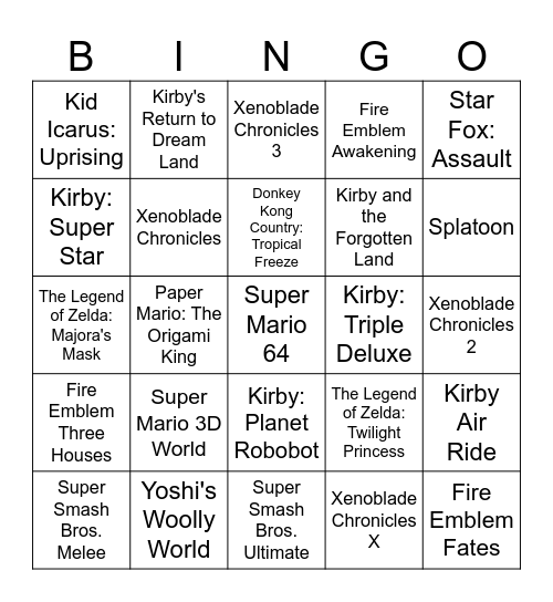 Nintendo Music Wishlist Bingo Card