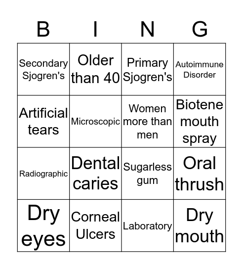 Sjogren's Syndrome Bingo Card