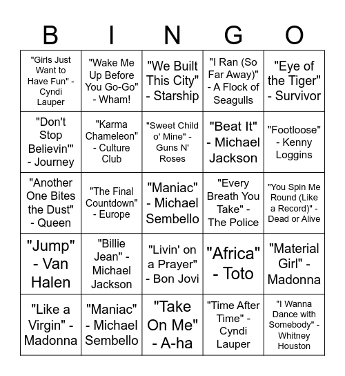 Clásicos de los 80 Bingo Card