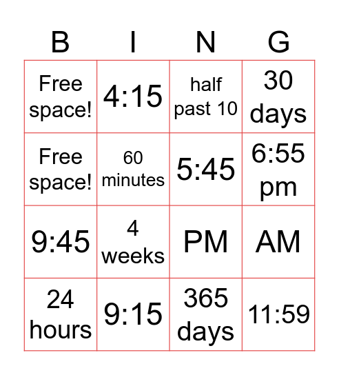 TICK TOCK TICK TOCK Bingo Card