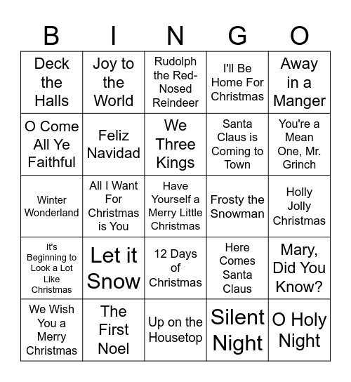 Christmas Songs Bingo Card