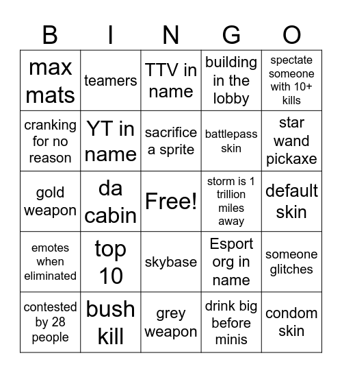 fortnite bigno Bingo Card