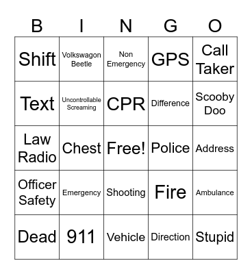 Central Utah 911 Bingo Card