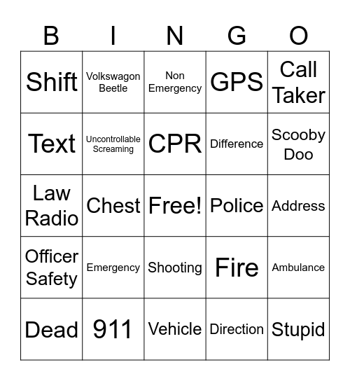 Central Utah 911 Bingo Card