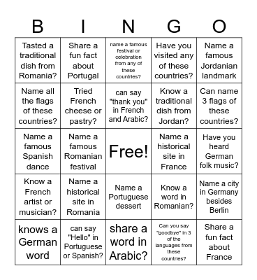 Cultural Bingo Game Bingo Card