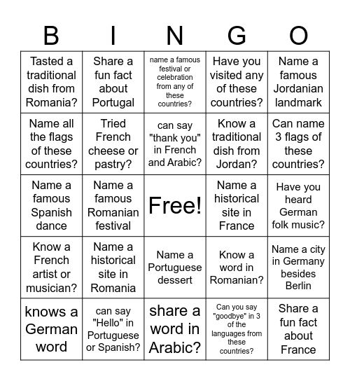 Cultural Bingo Game Bingo Card