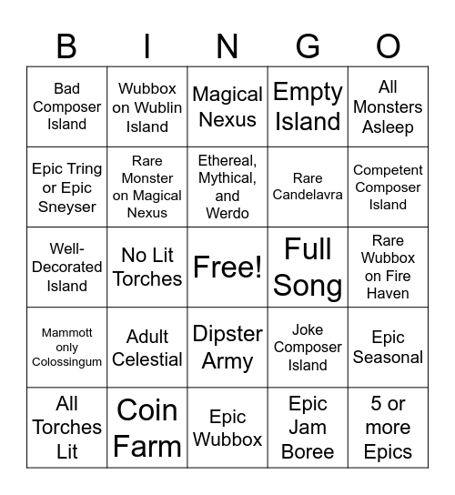 My Singing Monsters Random Island Bingo Card