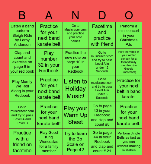 Winter Break Practice Bingo Card