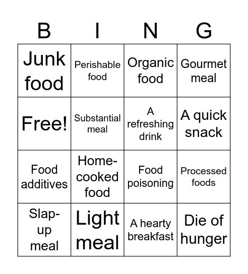 Eating and drinking collocations Bingo Card