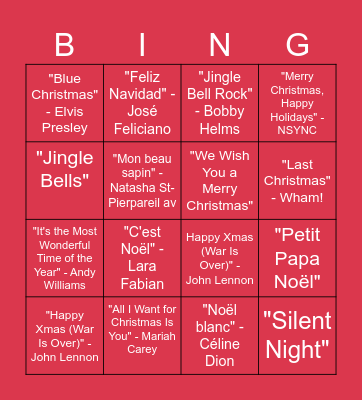 Xmas songs bingo Card