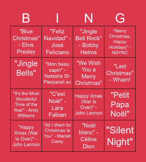 Xmas songs bingo Card