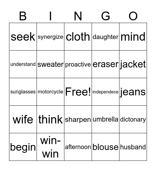 BINGO - VOCABULARY Bingo Card