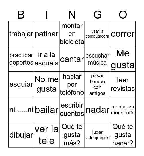 Activities and likes 1-1a Bingo Card