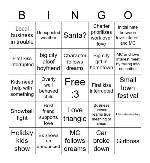 Hallmark :3 Bingo Card