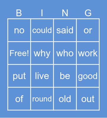 High Frequency Bingo Card