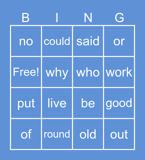 High Frequency Bingo Card