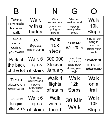 10,000 Steps Per Day Bingo Card