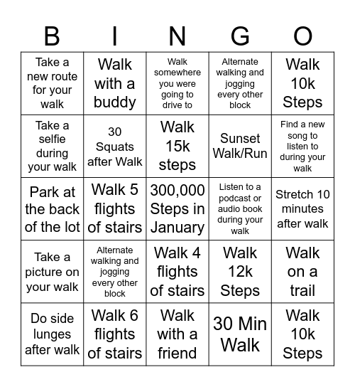 10,000 Steps Per Day Bingo Card