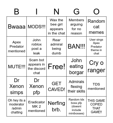 The TDX Discord Bingo Card