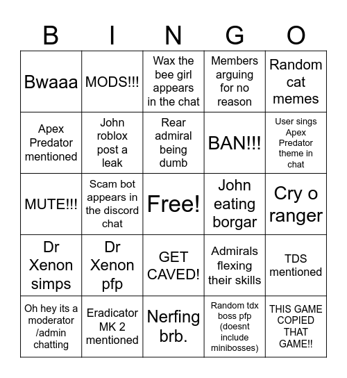 The TDX Discord Bingo Card