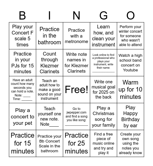 Intermediate Band Christmas Break BINGO Card