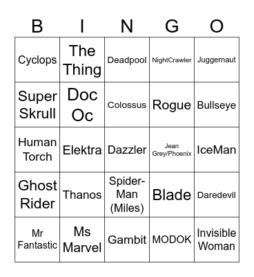 Marvel Rivals Character Bingo Card