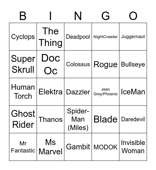 Marvel Rivals Character Bingo Card