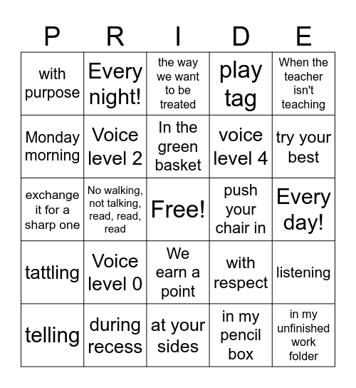 Classroom Expectations Bingo Card