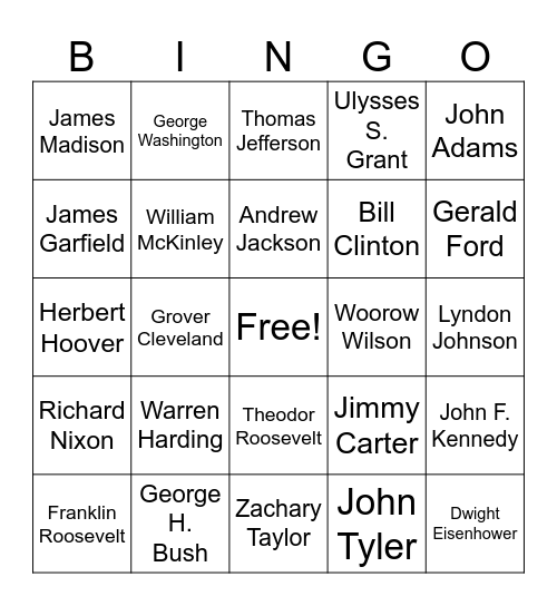 U.S. PRESEDENTS Bingo Card