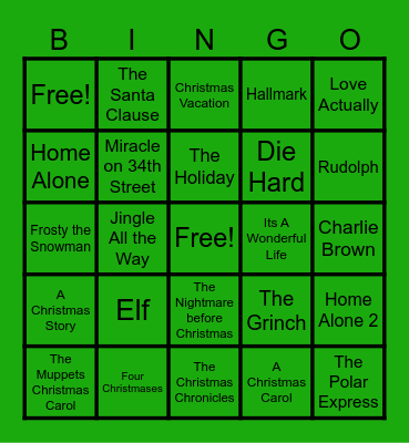 Holiday Movie Bingo Card